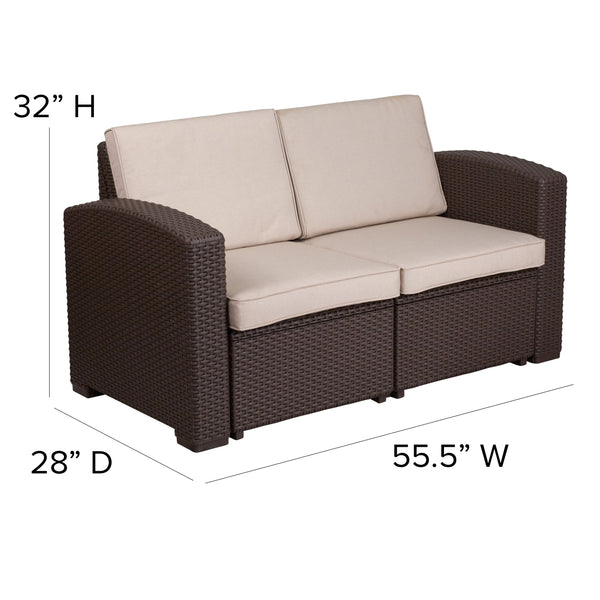 Chocolate Brown |#| Chocolate Brown Faux Rattan Loveseat with All-Weather Beige Cushions