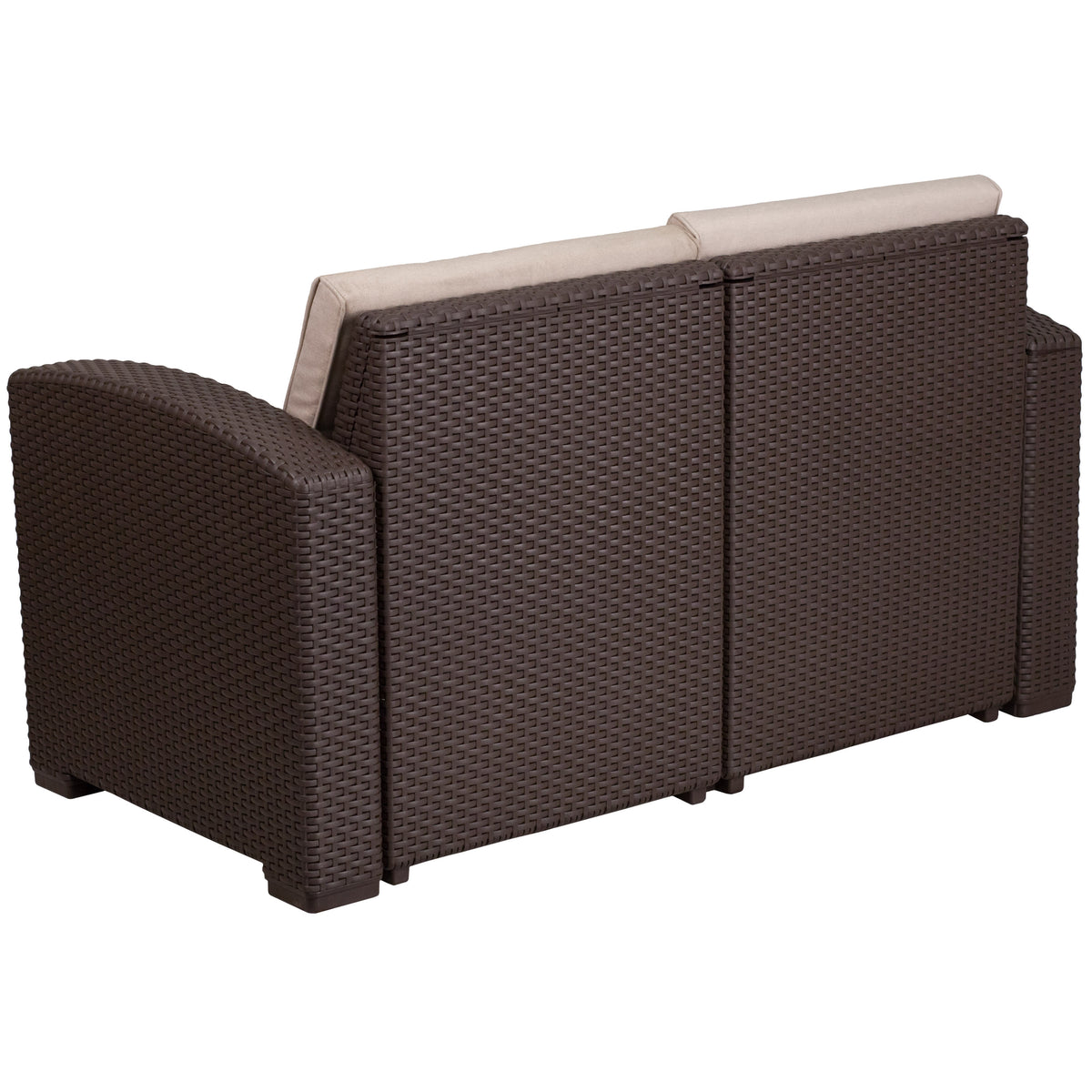 Chocolate Brown |#| Chocolate Brown Faux Rattan Loveseat with All-Weather Beige Cushions