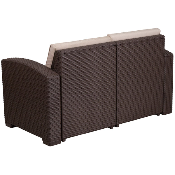 Chocolate Brown |#| Chocolate Brown Faux Rattan Loveseat with All-Weather Beige Cushions