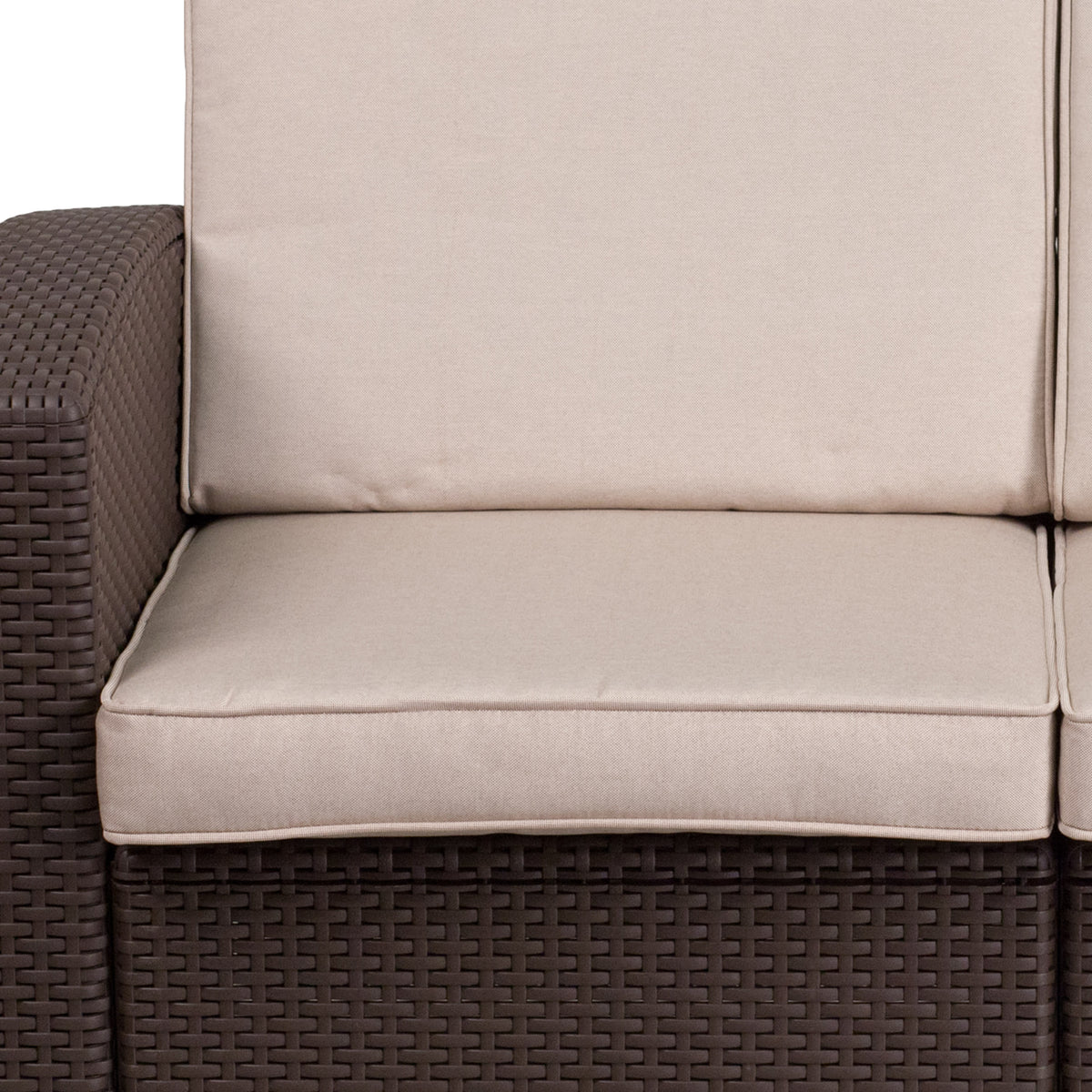 Chocolate Brown |#| Chocolate Brown Faux Rattan Loveseat with All-Weather Beige Cushions