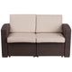 Chocolate Brown |#| Chocolate Brown Faux Rattan Loveseat with All-Weather Beige Cushions