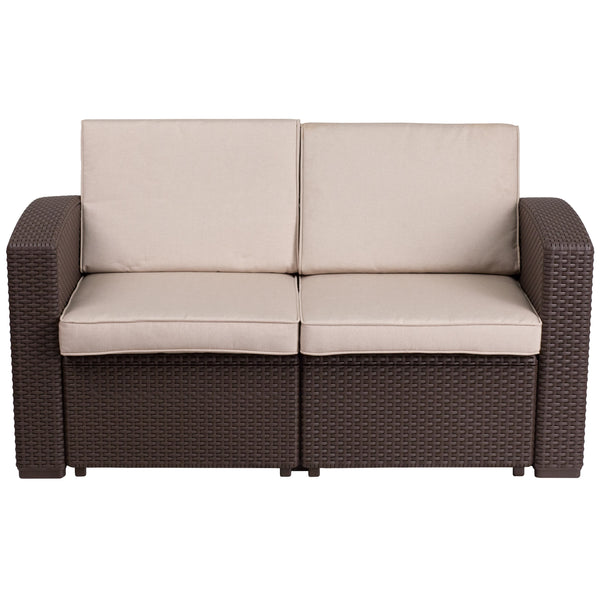 Chocolate Brown |#| Chocolate Brown Faux Rattan Loveseat with All-Weather Beige Cushions