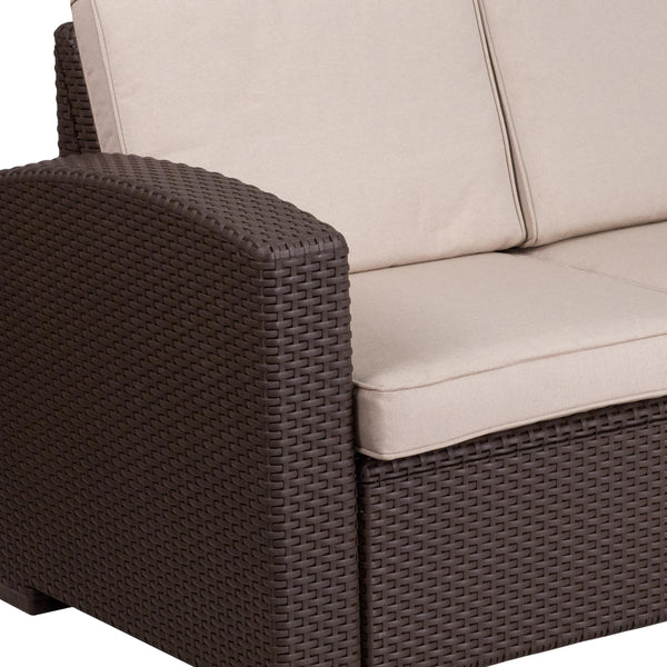 Chocolate Brown |#| Chocolate Brown Faux Rattan Loveseat with All-Weather Beige Cushions