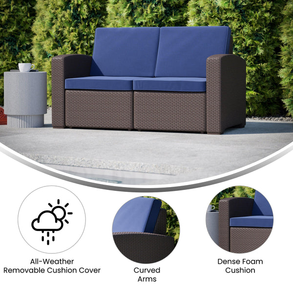 Brown/Navy |#| Chocolate Brown Faux Rattan Loveseat with All-Weather Navy Cushions