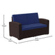 Brown/Navy |#| Chocolate Brown Faux Rattan Loveseat with All-Weather Navy Cushions