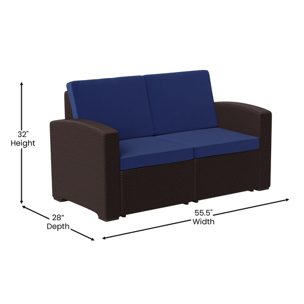 Brown/Navy |#| Chocolate Brown Faux Rattan Loveseat with All-Weather Navy Cushions