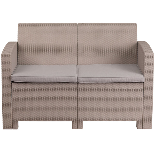 Dark Gray |#| Dk Gray Faux Rattan Loveseat with All-Weather Light Gray Cushions - Patio Chair