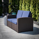 Brown/Navy |#| Chocolate Brown Faux Rattan Loveseat with All-Weather Navy Cushions