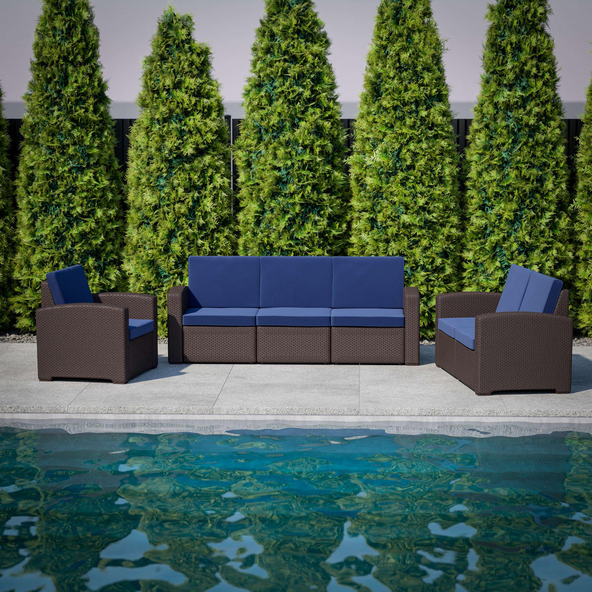 Brown/Navy |#| Chocolate Brown Faux Rattan Loveseat with All-Weather Navy Cushions