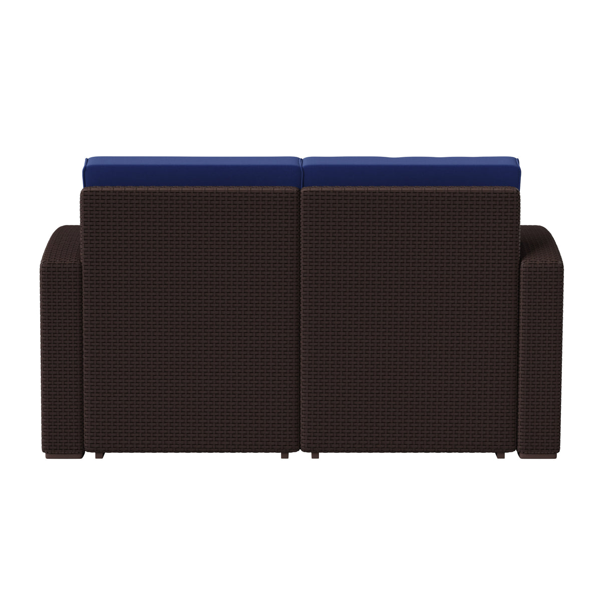 Brown/Navy |#| Chocolate Brown Faux Rattan Loveseat with All-Weather Navy Cushions