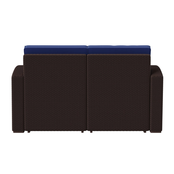 Brown/Navy |#| Chocolate Brown Faux Rattan Loveseat with All-Weather Navy Cushions