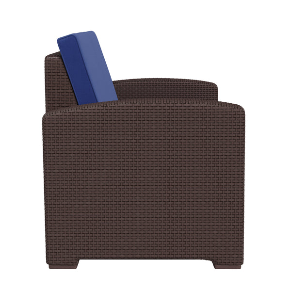 Brown/Navy |#| Chocolate Brown Faux Rattan Loveseat with All-Weather Navy Cushions