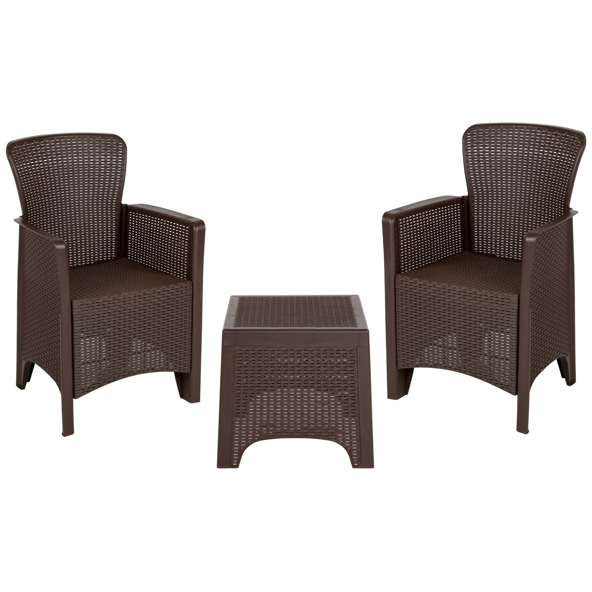 Chocolate |#| Chocolate Faux Rattan Plastic Chair Set with Matching Side Table - Patio Set