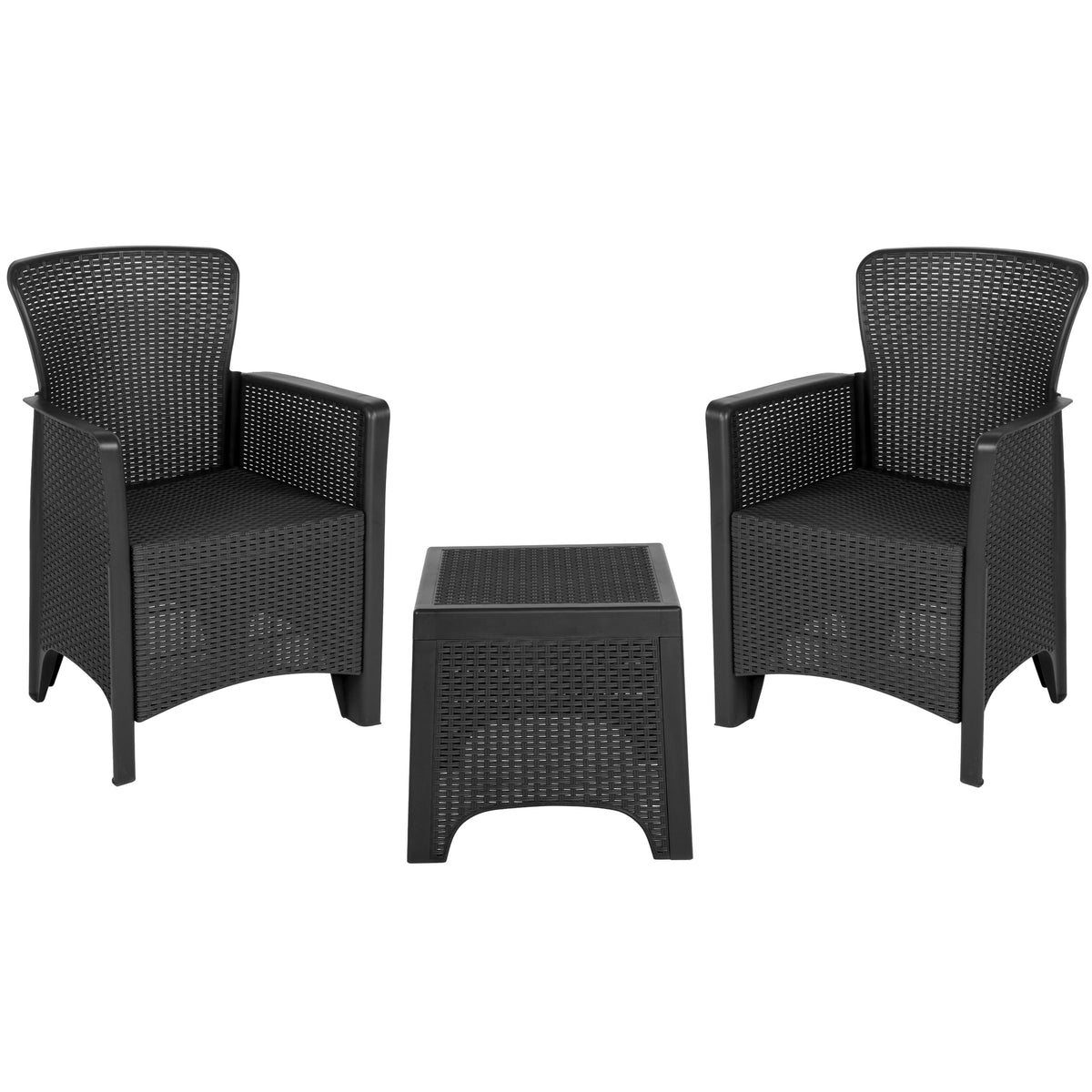 Dark Gray |#| Dark Gray Faux Rattan Plastic Chair Set with Matching Side Table - Patio Set