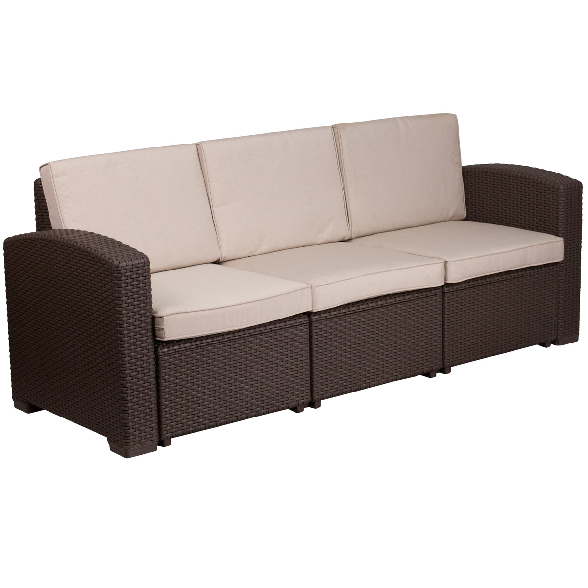 Beige Cushions/Chocolate Brown Frame |#| Chocolate Brown Faux Rattan Sofa with All-Weather Beige Cushions