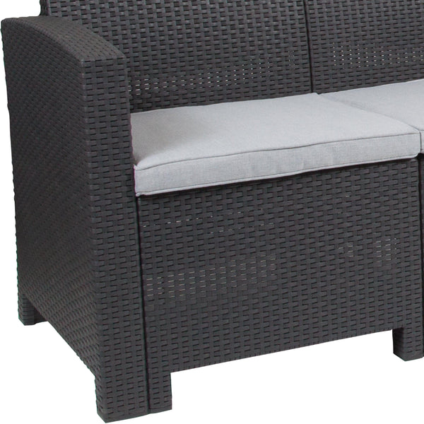 Dark Gray |#| Dark Gray Faux Rattan Sofa with All-Weather Light Gray Cushions - Patio Chair
