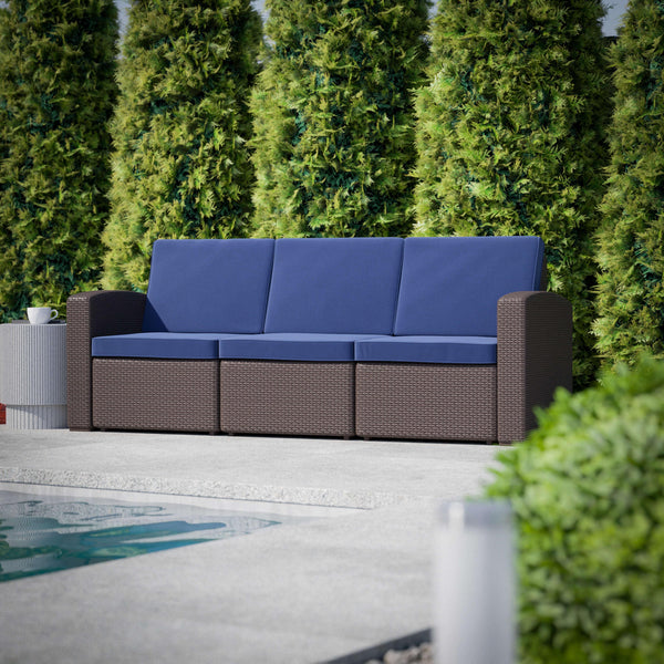 Navy Cushions/Chocolate Brown Frame |#| Chocolate Brown Faux Rattan Sofa with All-Weather Navy Cushions