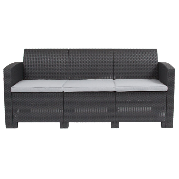 Dark Gray |#| Dark Gray Faux Rattan Sofa with All-Weather Light Gray Cushions - Patio Chair