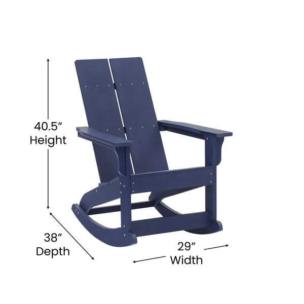 Navy/White |#| 2 Navy Modern Dual Slat Poly Resin Adirondack Rocking Chairs with 1 Side Table