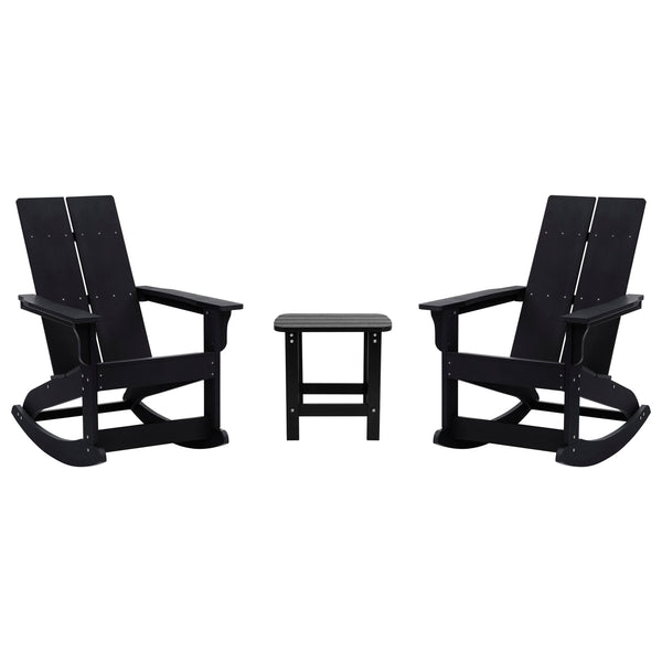 Black |#| 2 Black Modern Dual Slat Poly Resin Adirondack Rocking Chairs with 1 Side Table