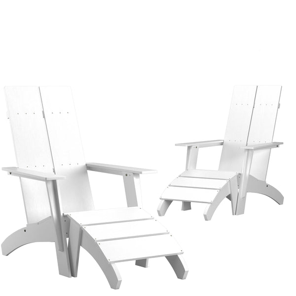 White |#| Set of 2 Indoor/Outdoor 2-Slat Adirondack Style Chairs & Footrests in White