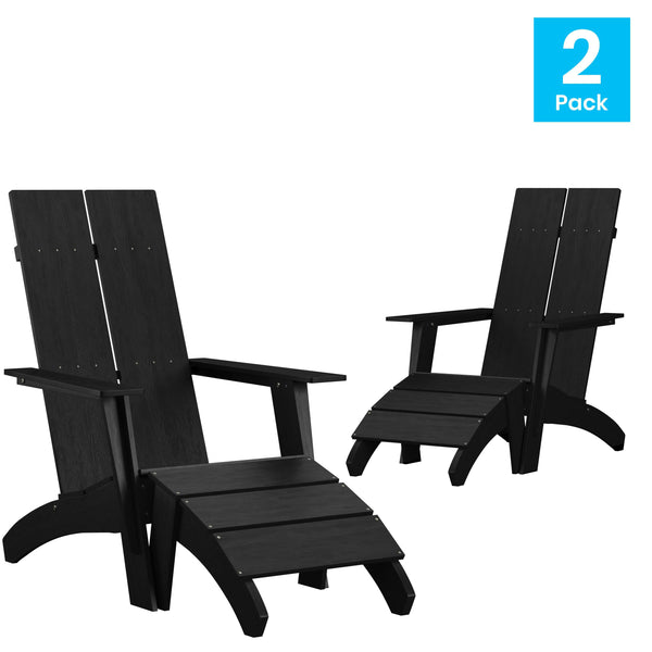 Black |#| Set of 2 Indoor/Outdoor 2-Slat Adirondack Style Chairs & Footrests in Black