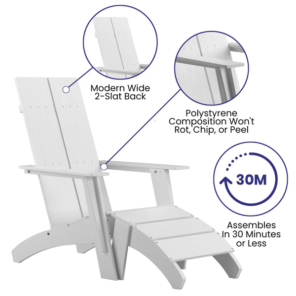 White |#| Set of 2 Indoor/Outdoor 2-Slat Adirondack Style Chairs & Footrests in White