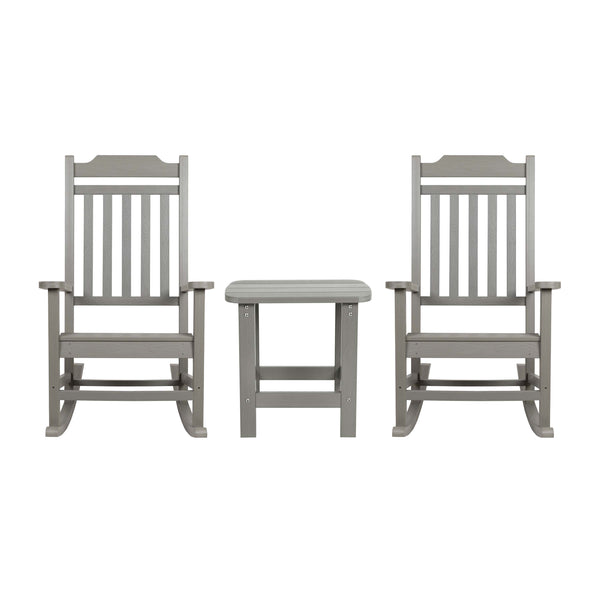 Gray |#| Set of 2 Indoor/Outdoor Poly Resin Rocking Chairs with Side Table in Gray