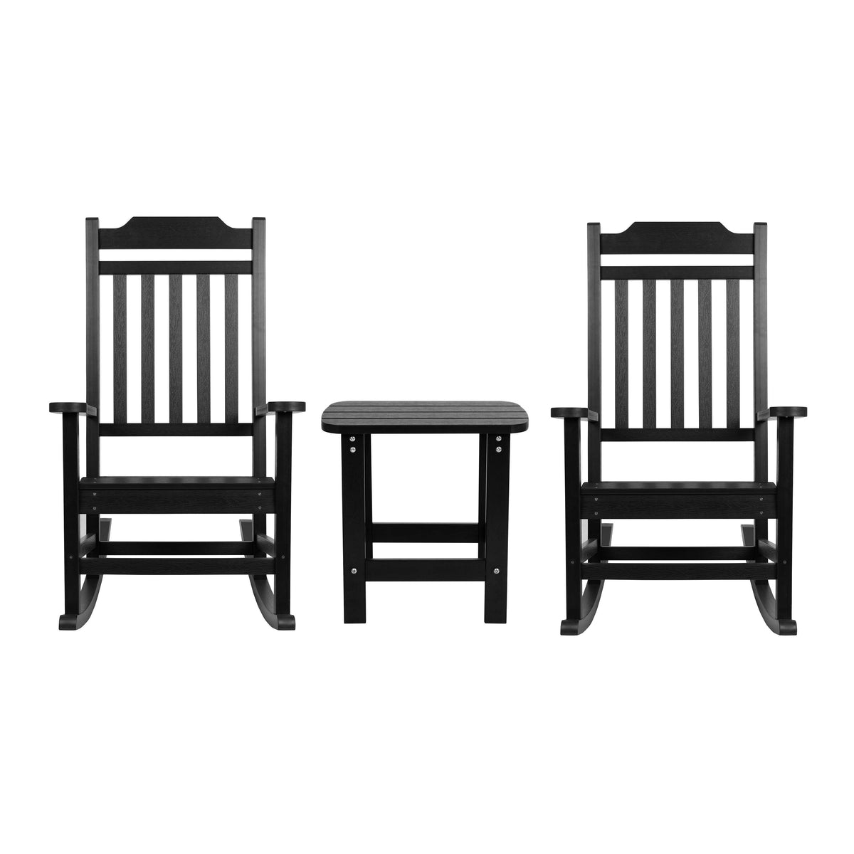 Black |#| Set of 2 Indoor/Outdoor Poly Resin Rocking Chairs with Side Table in Black