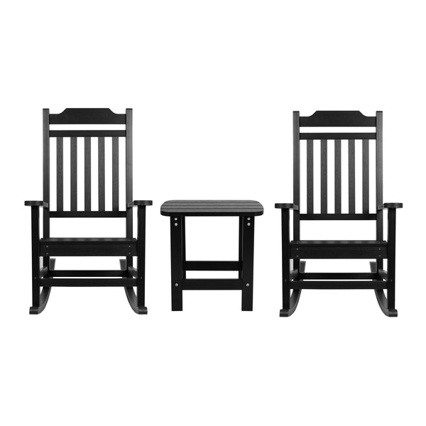 Black |#| Set of 2 Indoor/Outdoor Poly Resin Rocking Chairs with Side Table in Black