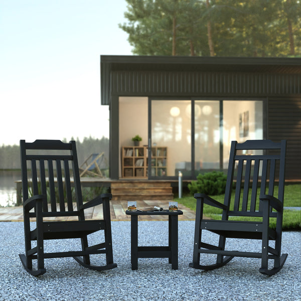 Black |#| Set of 2 Indoor/Outdoor Poly Resin Rocking Chairs with Side Table in Black