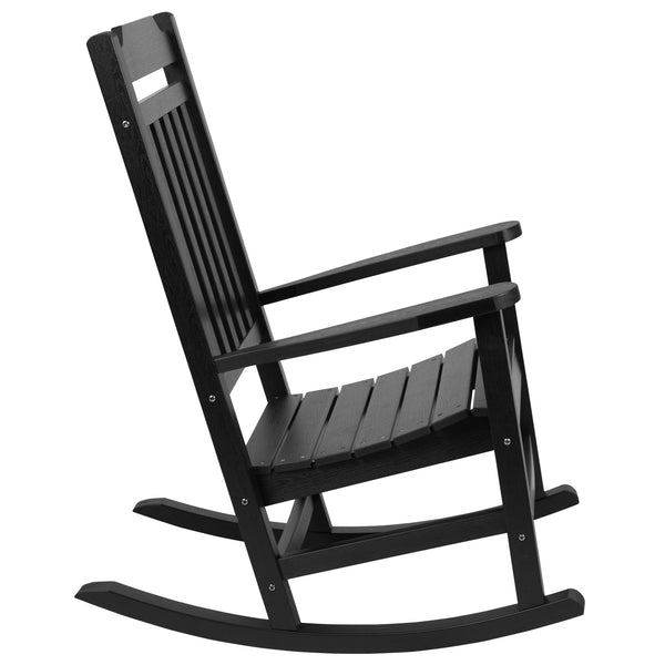 Black |#| Set of 2 Indoor/Outdoor Poly Resin Rocking Chairs with Side Table in Black