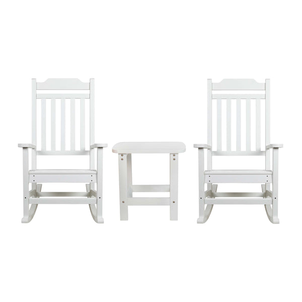 White |#| Set of 2 Indoor/Outdoor Poly Resin Rocking Chairs with Side Table in White