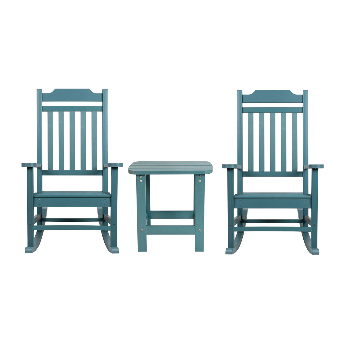 Teal |#| Set of 2 Indoor/Outdoor Poly Resin Rocking Chairs with Side Table in Teal