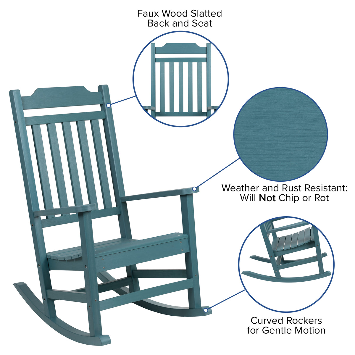 Teal |#| Set of 2 Indoor/Outdoor Poly Resin Rocking Chairs with Side Table in Teal