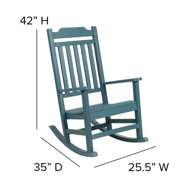 Teal |#| Set of 2 Indoor/Outdoor Poly Resin Rocking Chairs with Side Table in Teal