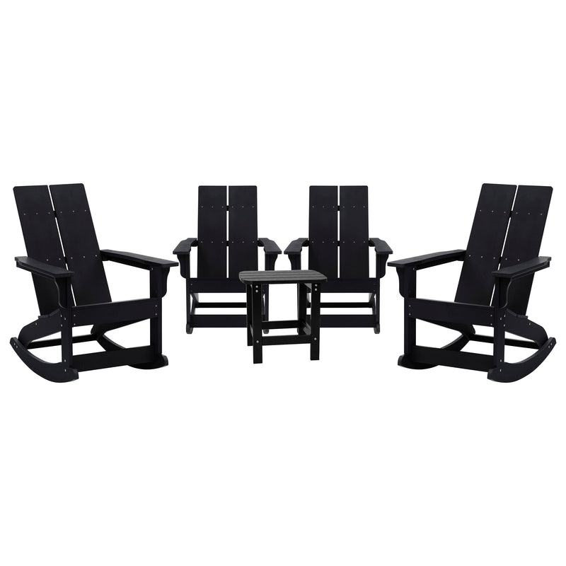 Black |#| 4 Black Modern Dual Slat Poly Resin Adirondack Rocking Chairs with 1 Side Table