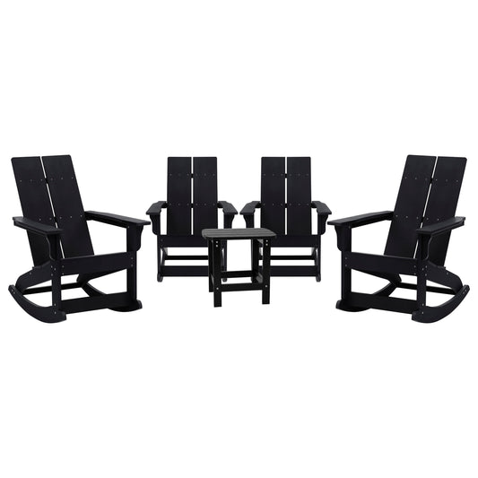 Set of 4 Finn Modern Commercial Grade All-Weather 2-Slat Poly Resin Rocking Adirondack Chairs with Matching Side Table