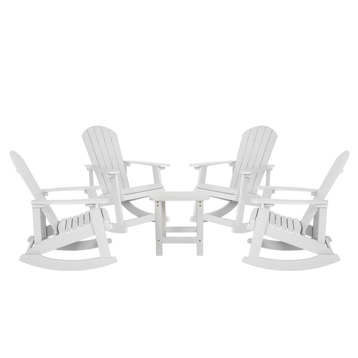 White |#| Set of 4 Poly Resin Adirondack Rocking Chairs with 1 Side Table in White