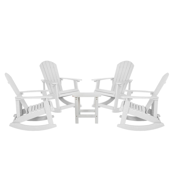 White |#| Set of 4 Poly Resin Adirondack Rocking Chairs with 1 Side Table in White