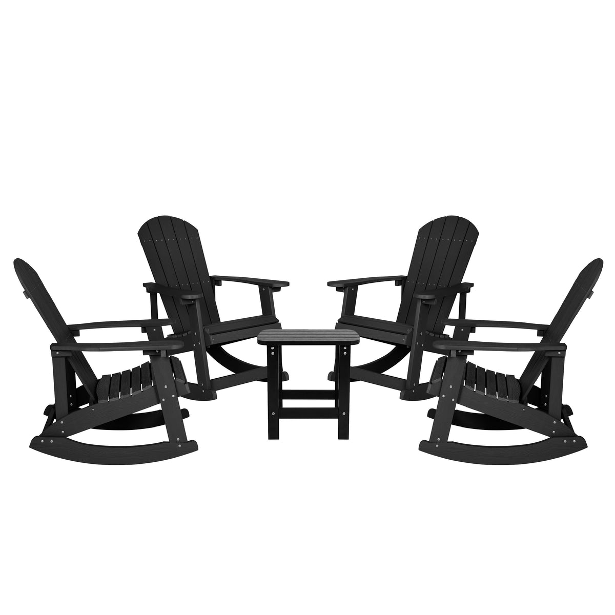 Black |#| Set of 4 Poly Resin Adirondack Rocking Chairs with 1 Side Table in Black
