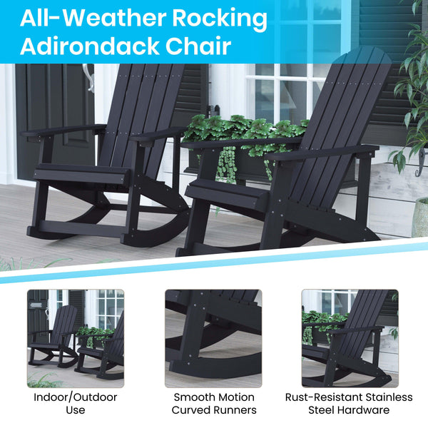 Black |#| Set of 4 Poly Resin Adirondack Rocking Chairs with 1 Side Table in Black