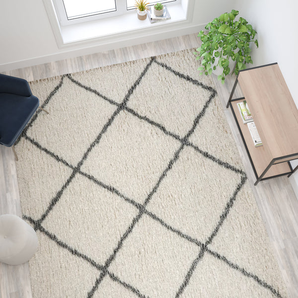 Ivory/Gray,8' x 10' |#| 8' x 10' Ivory and Black Diamond Trellis Modern Shag Area Rug