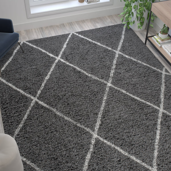 Charcoal/Ivory,8' x 10' |#| 8' x 10' Charcoal and Ivory Diamond Trellis Modern Shag Area Rug