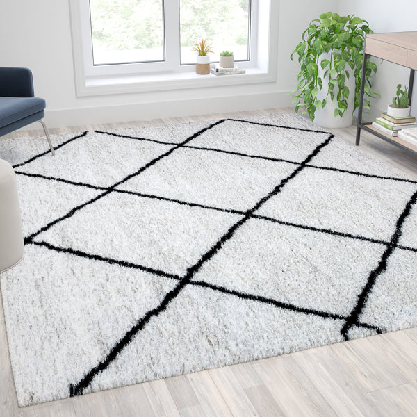 Ivory/Black,8' x 10' |#| 8' x 10' Ivory and Black Diamond Trellis Modern Shag Area Rug