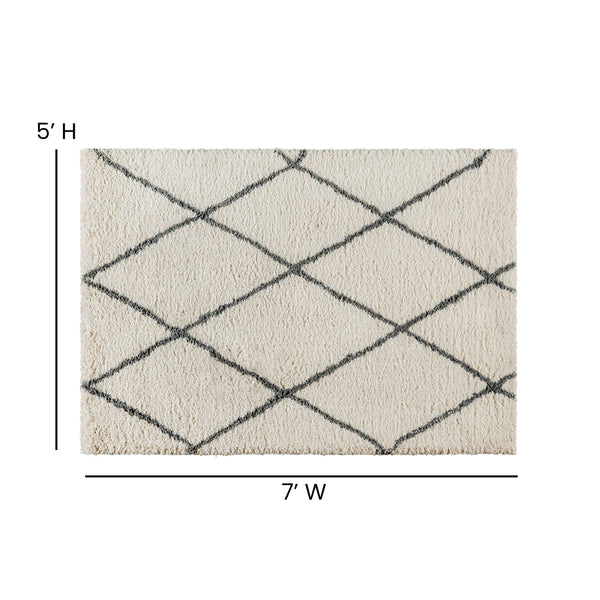 Ivory/Gray,5' x 7' |#| 5' x 7' Ivory and Black Diamond Trellis Modern Shag Area Rug