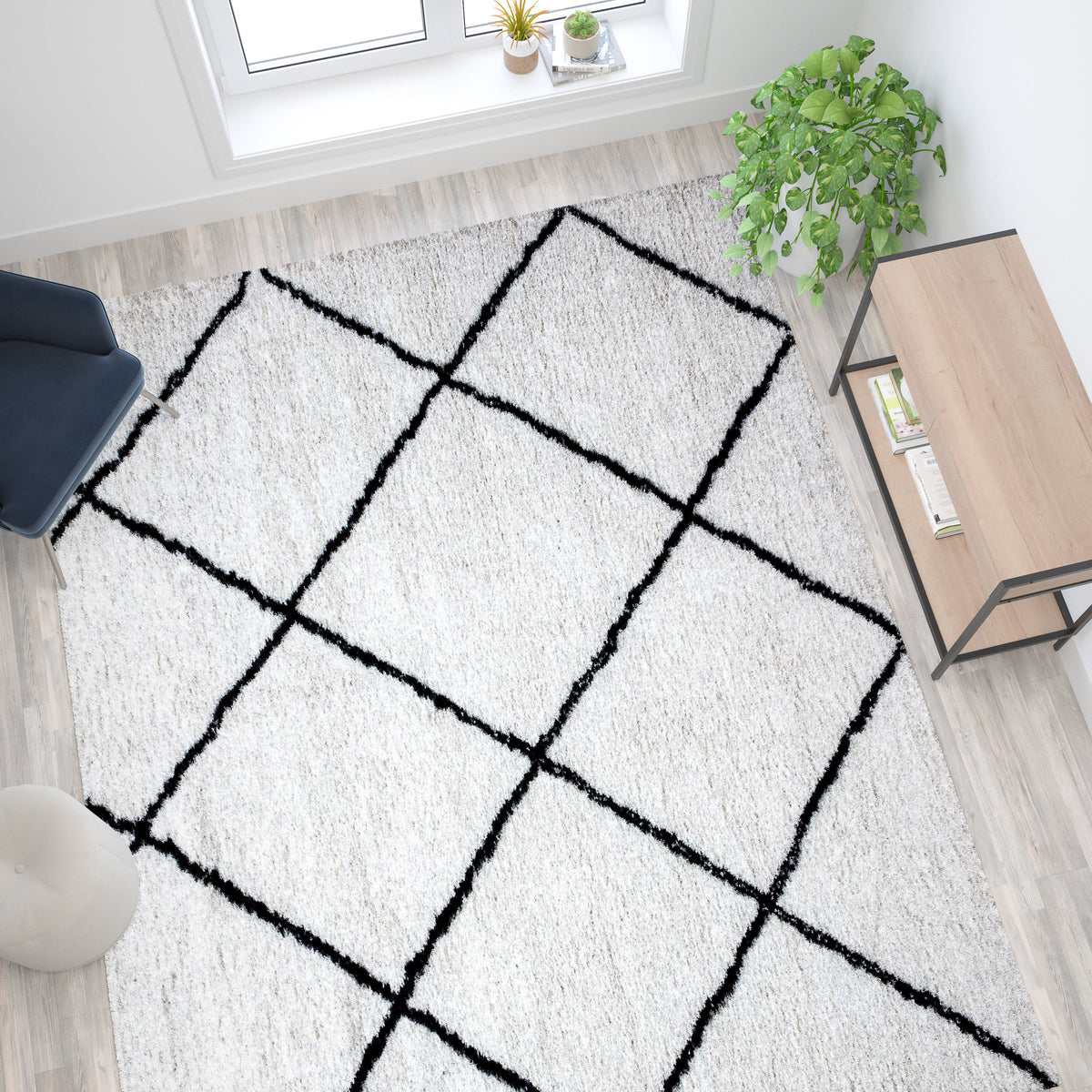 Ivory/Black,8' x 10' |#| 8' x 10' Ivory and Black Diamond Trellis Modern Shag Area Rug