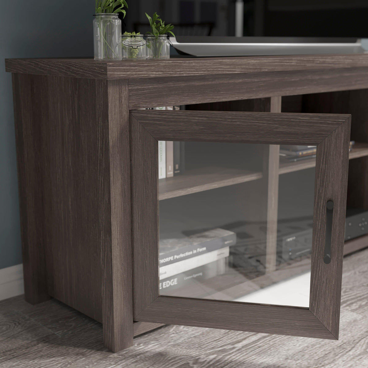 Black Wash |#| Classic TV Stand for up to 80inch TVs-Glass Fronted Doors-Modern Black Wash Finish
