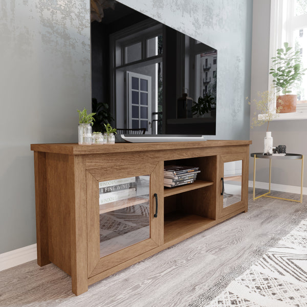 Walnut |#| Classic TV Stand for up to 80" TVs-Glass Fronted Doors-Modern Walnut Finish