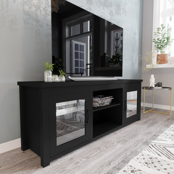 Black |#| Classic TV Stand for up to 80" TVs-Glass Fronted Doors-Modern Black Finish